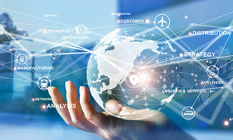 a hand holding a digital globe surrounded by logistics network and strategy elements with icons representing transport analysis and customer delivery strategies six key factors